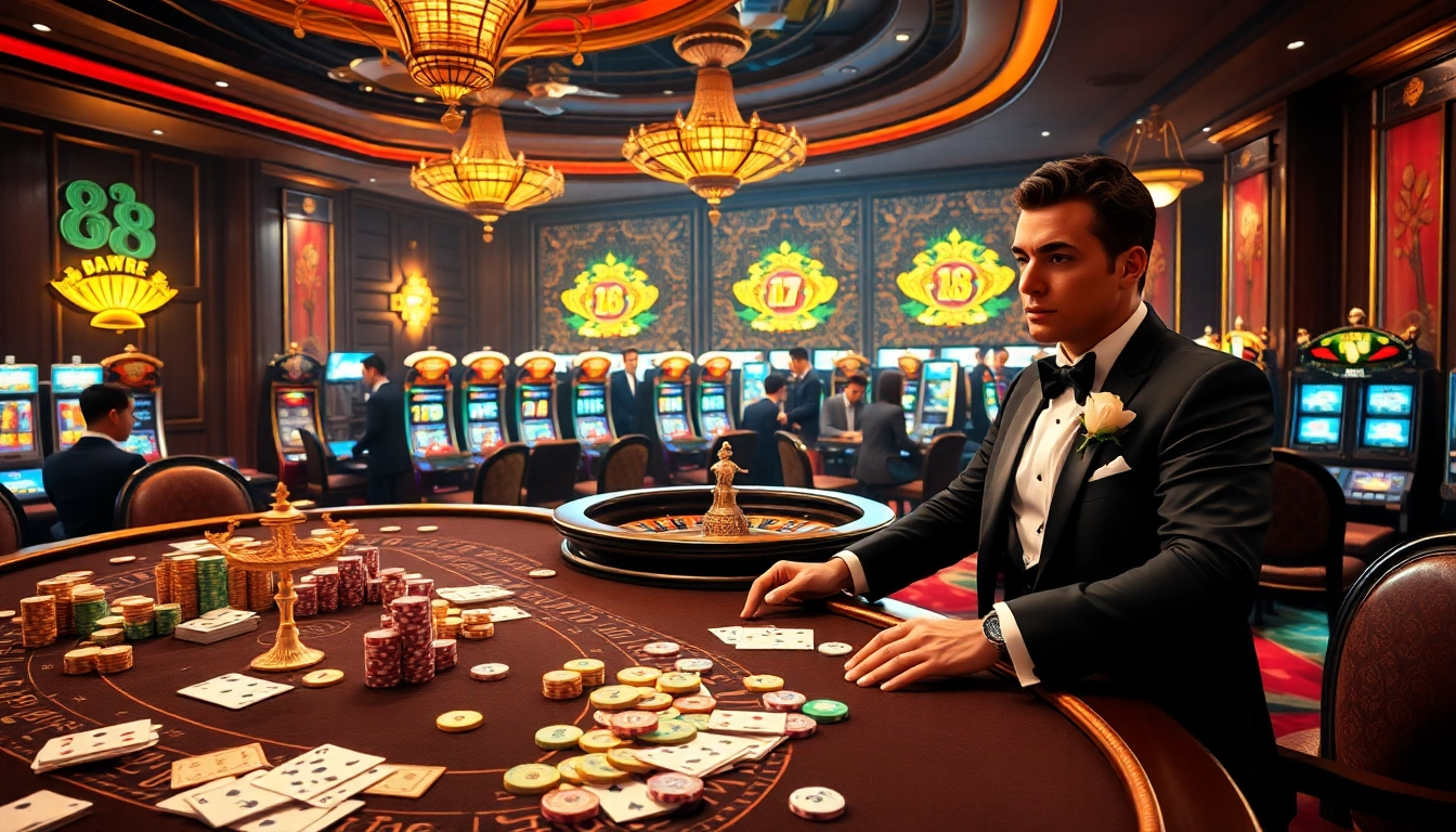 Exciting gambling scene at New 88 casino with colorful slot machines and vibrant cards.