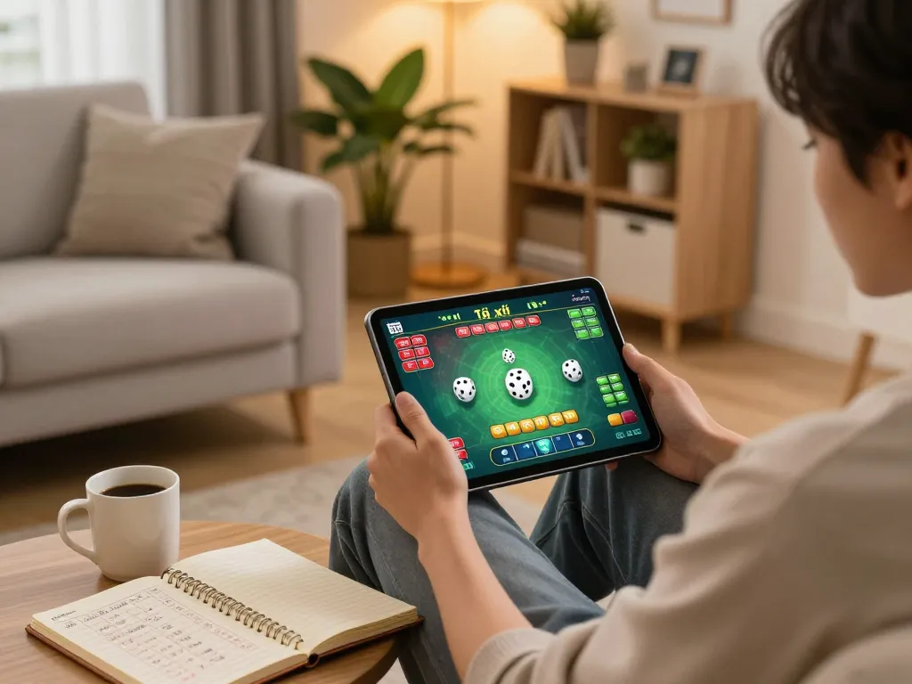 Engaging in online game tài xỉu on a tablet in a cozy living room setting, highlighting responsible gaming.