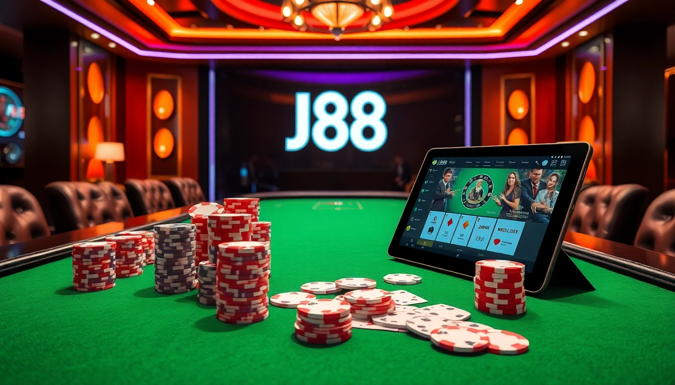 Experience the thrill of J88 casino with vibrant poker chips and engaging table games.