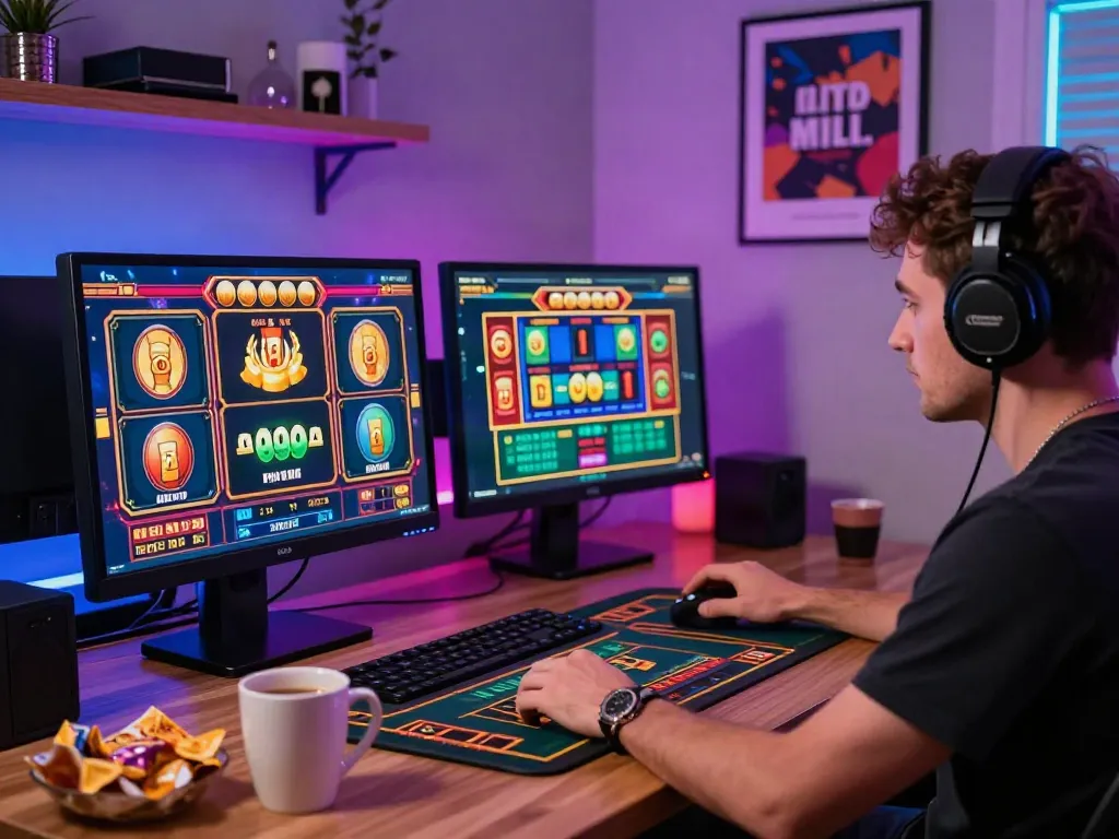 A captivating online gambling experience with akunjp, showcasing vibrant slot graphics and an engaged player.