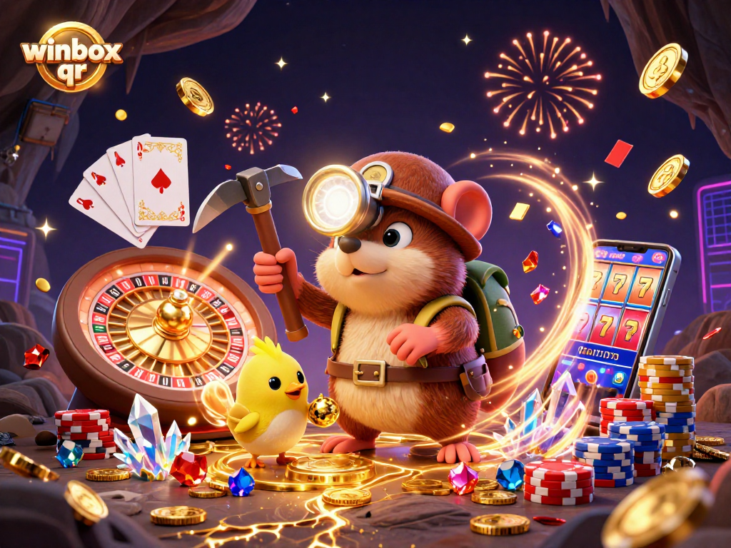 Experience the thrill of winbox qr with a vibrant 3D treasure hunt in a dynamic casino scene.