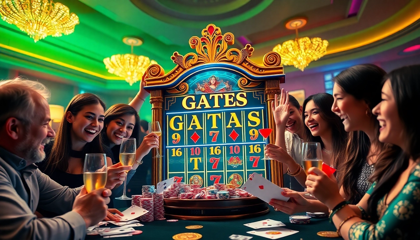 Experience the thrill of winning on the Gates of Gatotkaca slot machine with joyful players celebrating their success.