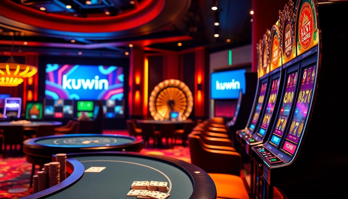 kuwin logo illuminated on a luxurious casino gaming table filled with poker chips and cards