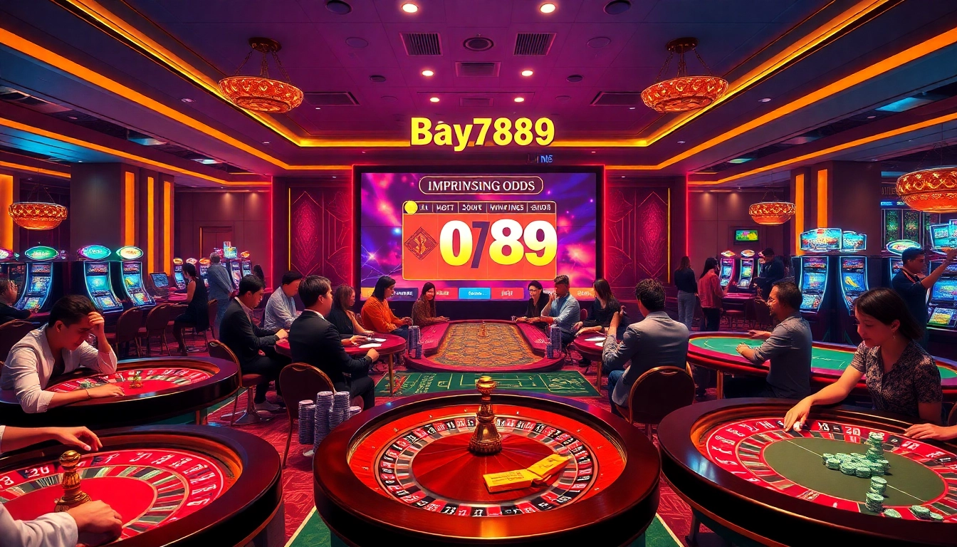 Players enjoying exciting games at Bay789 online casino with colorful poker chips and vibrant atmosphere.