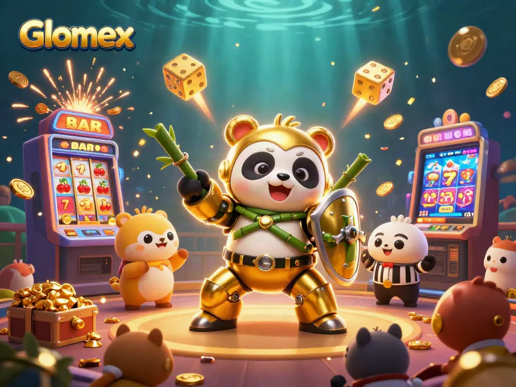 Engage with Glomex's thrilling casino scene as a panda in a mech suit battles amidst jackpots.