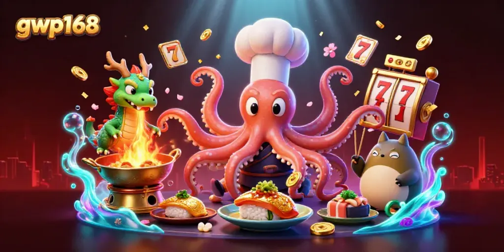 Asah keterampilan bermain slot di gwp168 dengan ilustrasi dinamis koki sushi, naga, dan pelanggan!