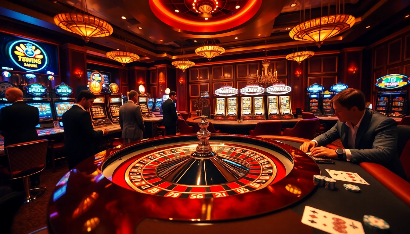 Players engaging in a thrilling game at 78WIN casino, featuring roulette and poker tables.