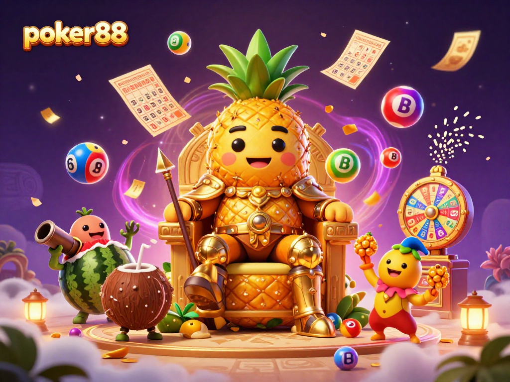 Poker88 menghadirkan suasana kasino yang meriah dengan raja nanas dan elemen permainan yang menarik.