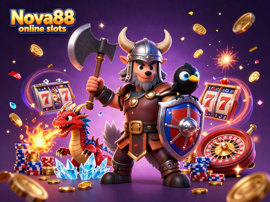 Experience thrilling gameplay with Nova88 online slots featuring layered slot reels, vibrant characters, and golden treasures.