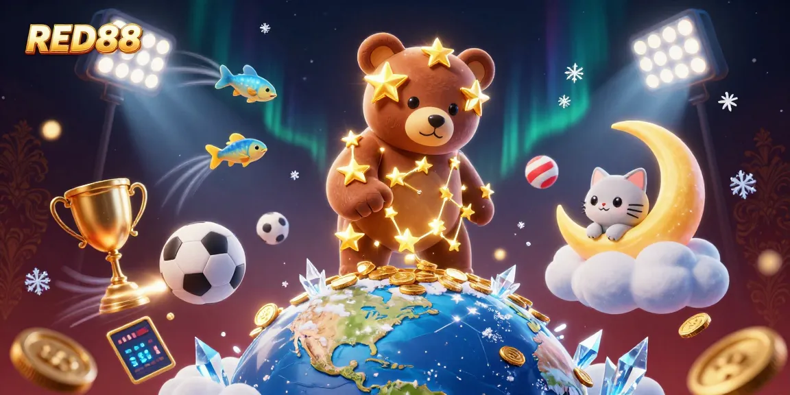 Experience the excitement of RED88 with a vibrant casino-themed illustration featuring sports elements and stars.