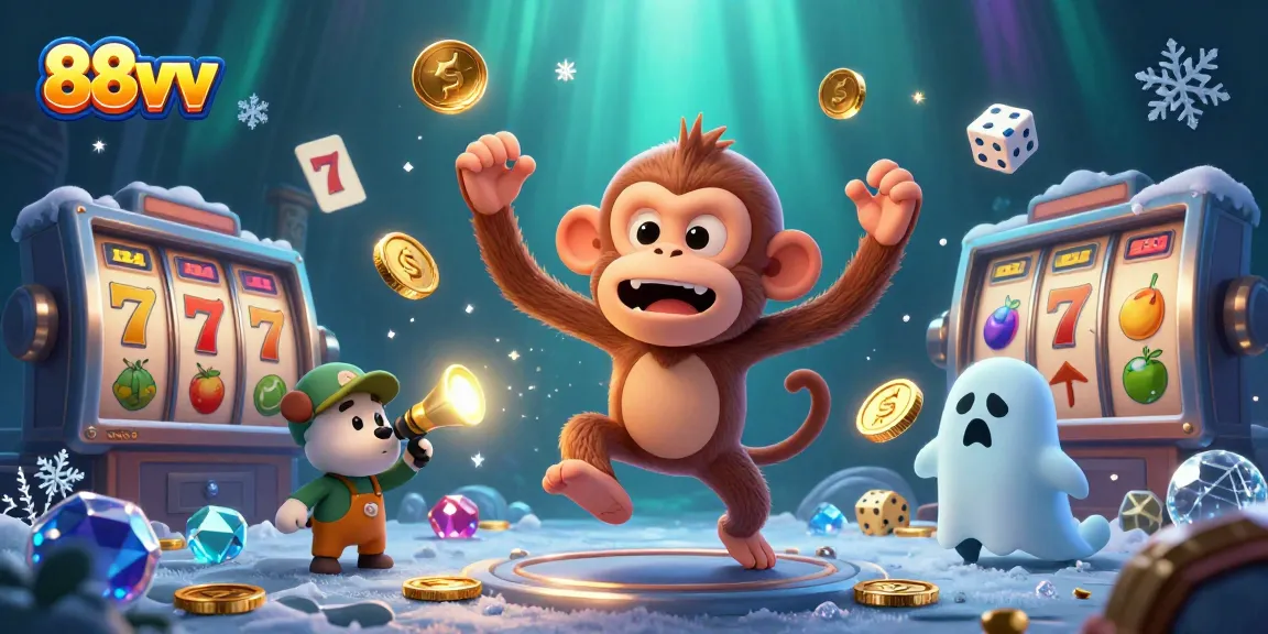 Engage in thrilling slot games with 88vv featuring playful characters in a casino.