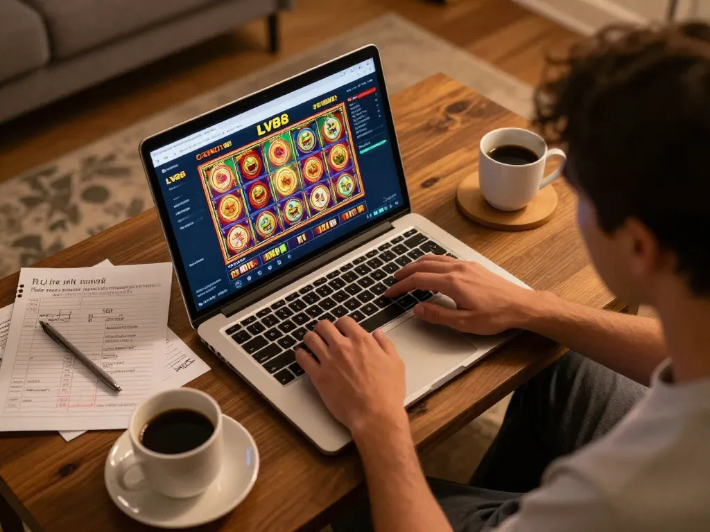 Engaged player exploring LV88 casino games on laptop at home, coffee and notes nearby.