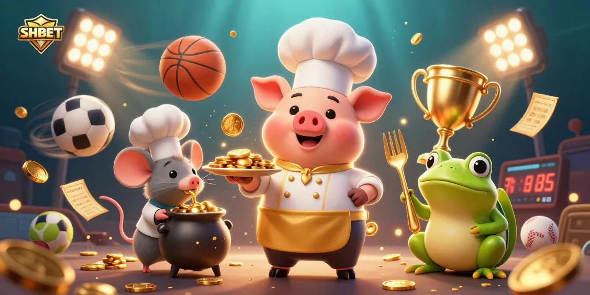 Experience excitement at SHBET with a 3D illustration of a chef pig serving gold, showcasing lively gambling action.