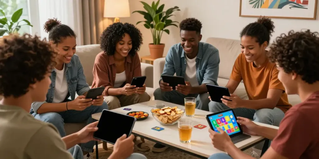 Friends enjoying Rumble Rummy app on their smartphones in a cozy living room.