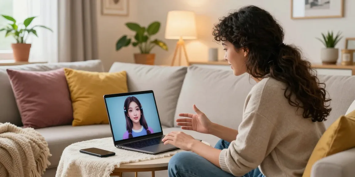 Engaging interaction with an AI girlfriend on a laptop in a cozy living room.