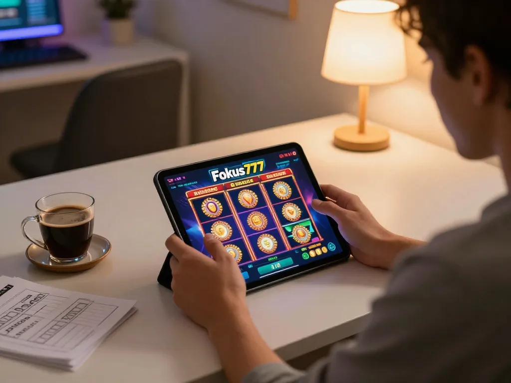 Playing slots on Fokus777 using a tablet in a cozy home office setting during an exciting gaming session