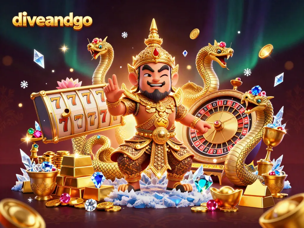 Diveandgo offers an exciting casino scene featuring a friendly Thai guardian, Naga serpents, and dynamic gaming elements.