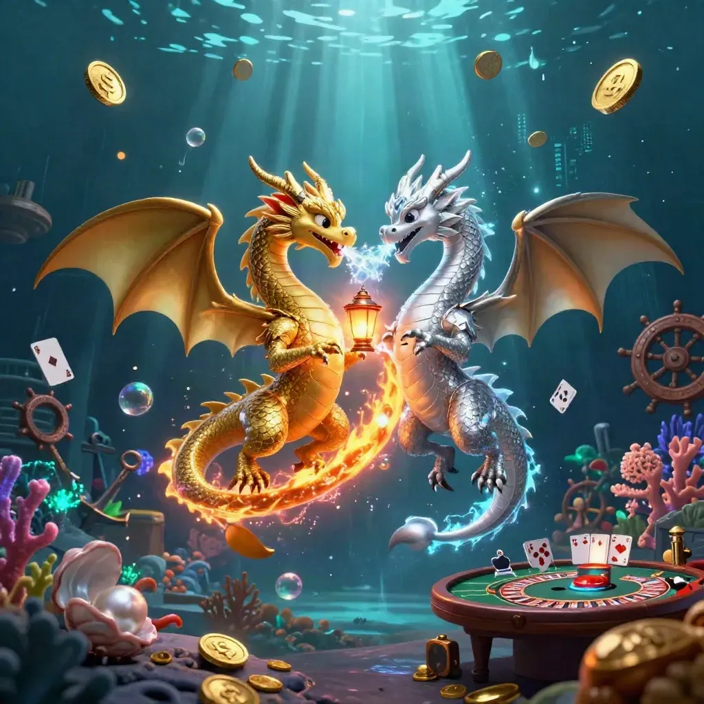 Twin gold and silver dragons spiral in an underwater treasure cove with casino symbols and glowing lights.
