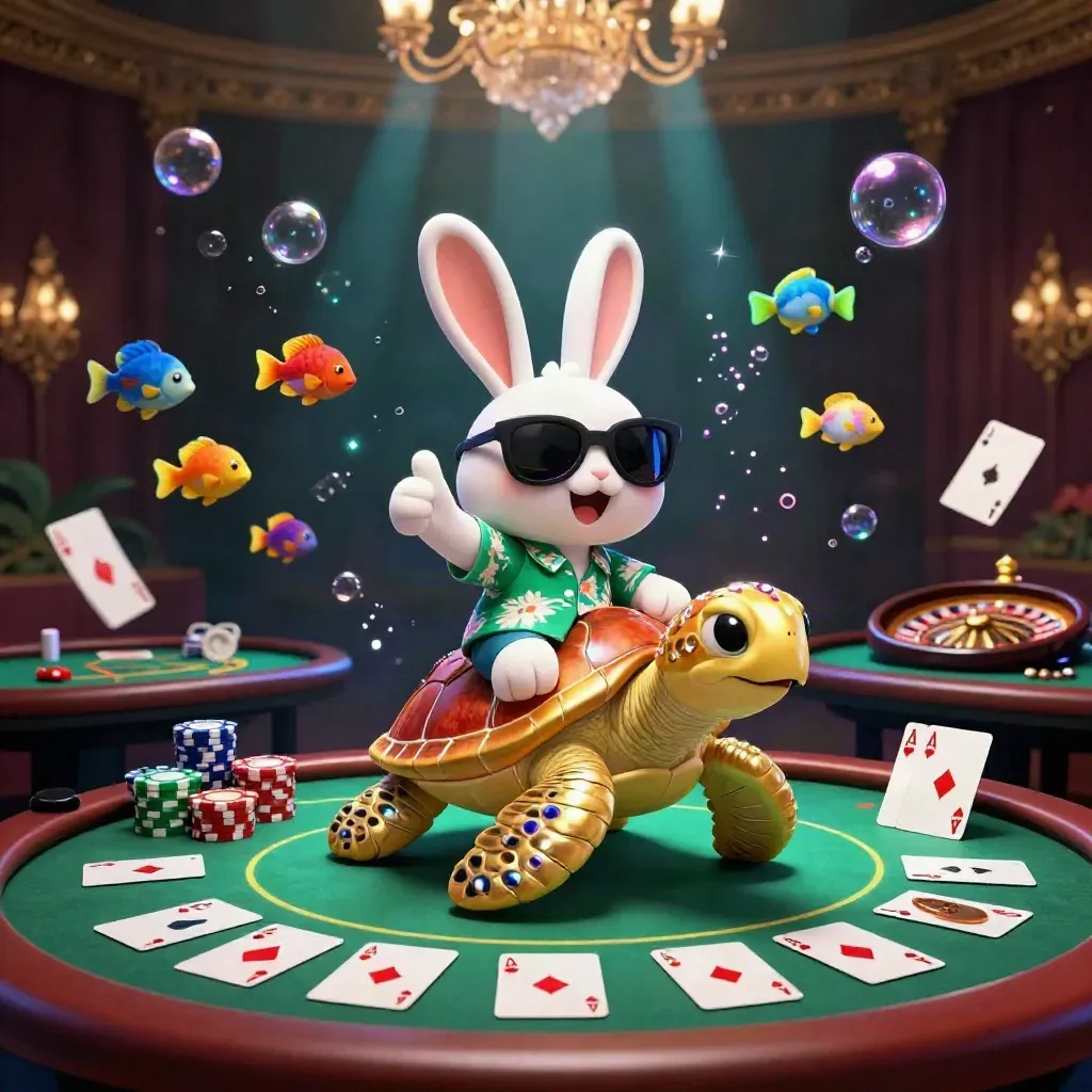 Lucky rabbit on golden sea turtle amid casino chips, cards, roulette glow, and underwater light