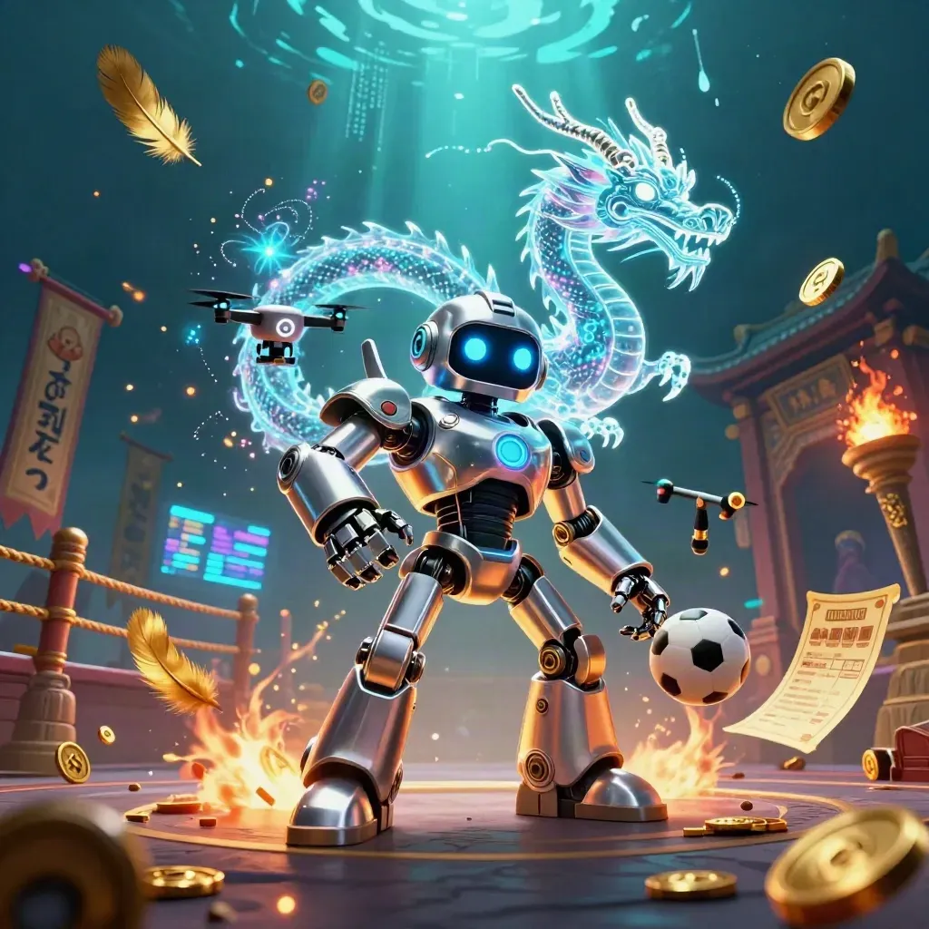 Chrome robot, holographic dragon and coin drone around frozen basketball and soccer ball in neon casino scene
