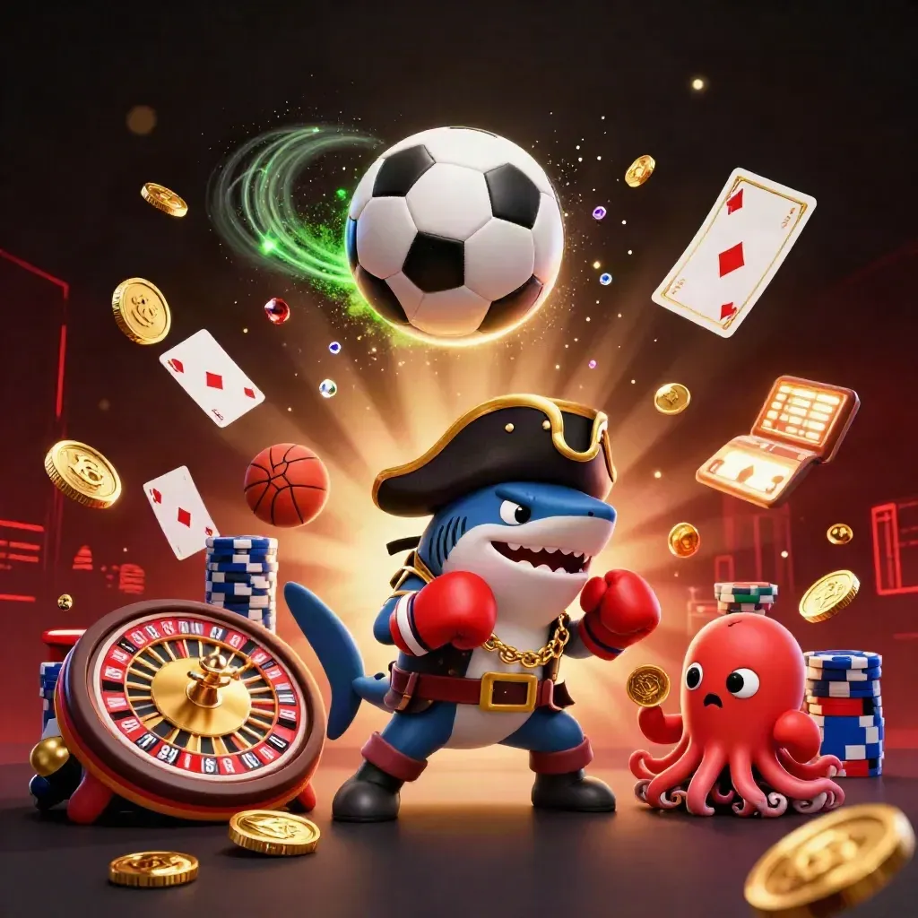 Pirate shark, pufferfish, and octopus amid casino coins and a flying soccer ball under stadium lights.