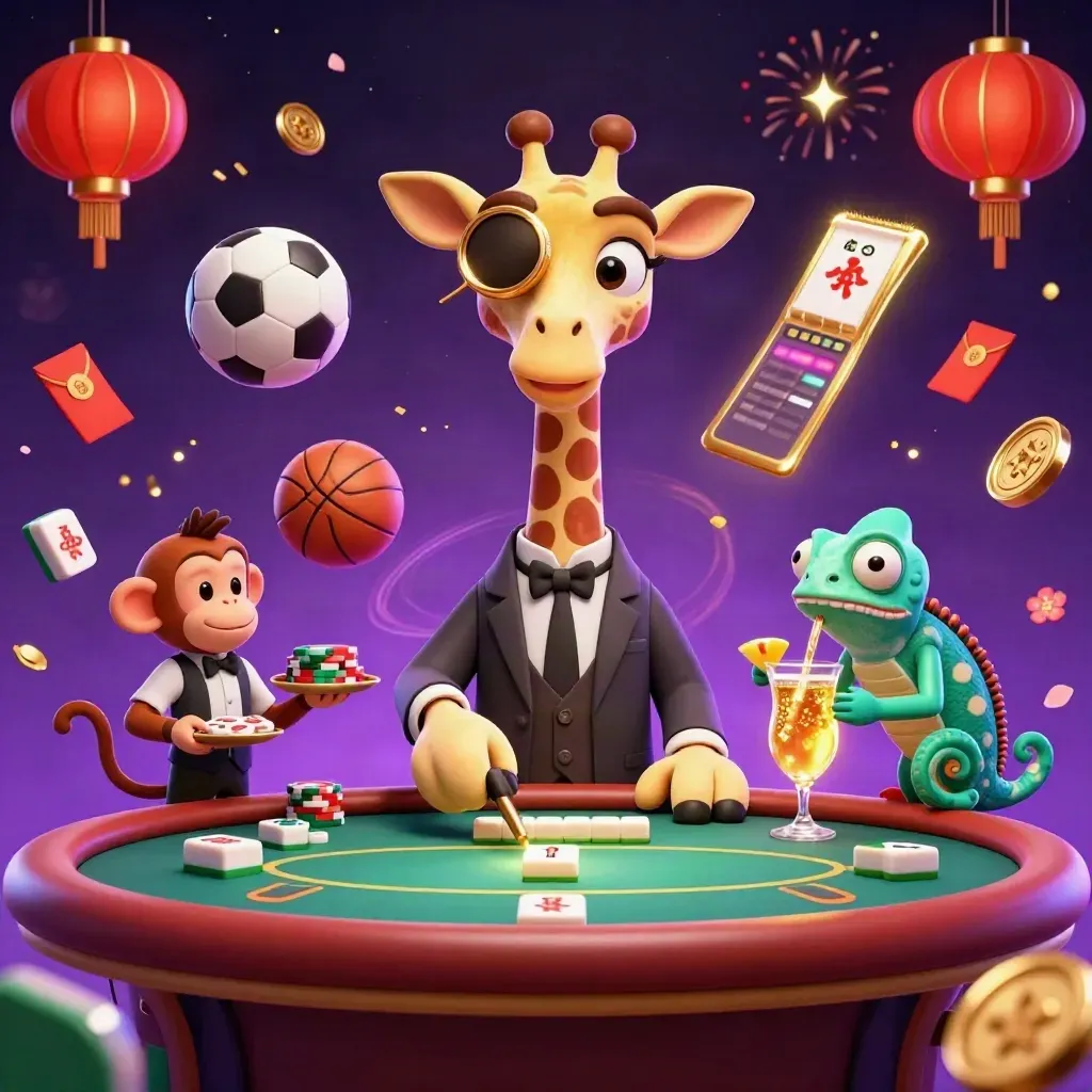 Cartoon giraffe, monkey, and chameleon amid casino sports props and neon bursts.