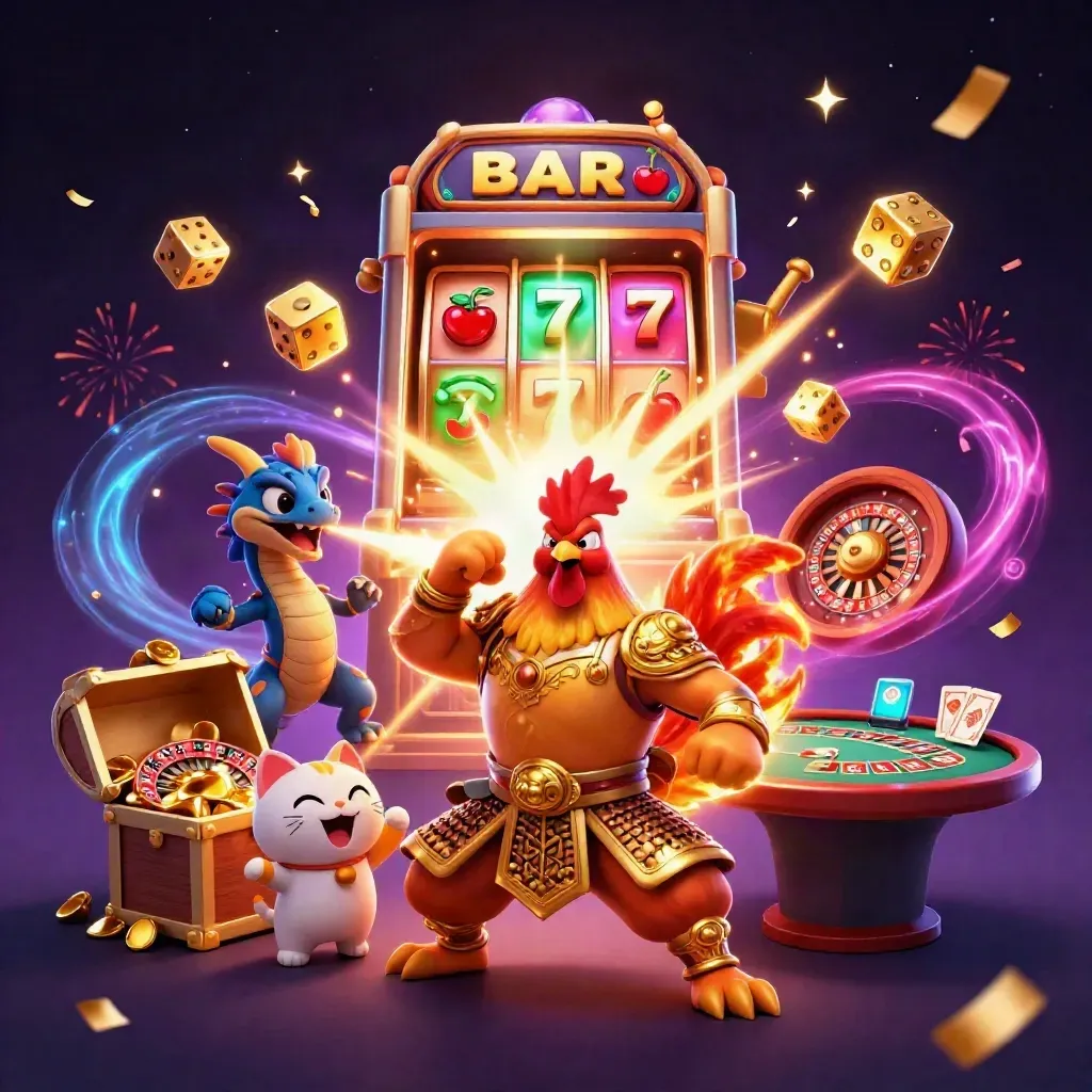 Rooster samurai, dragon hatchling, and fortune cat amid casino jackpots and magical sparks.
