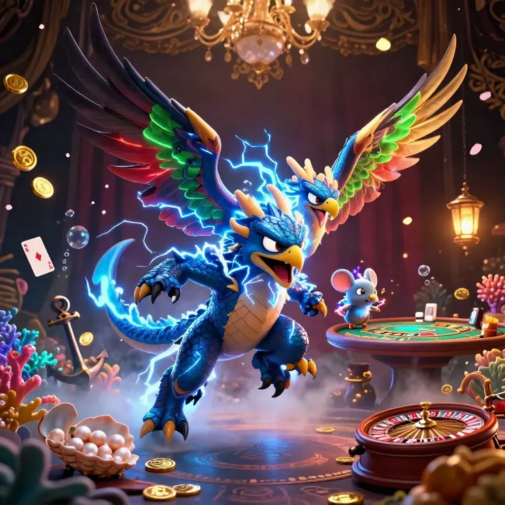 Thunder dragon, hawk, and mouse in a luxe casino cove with gold, coral, and glowing roulette.