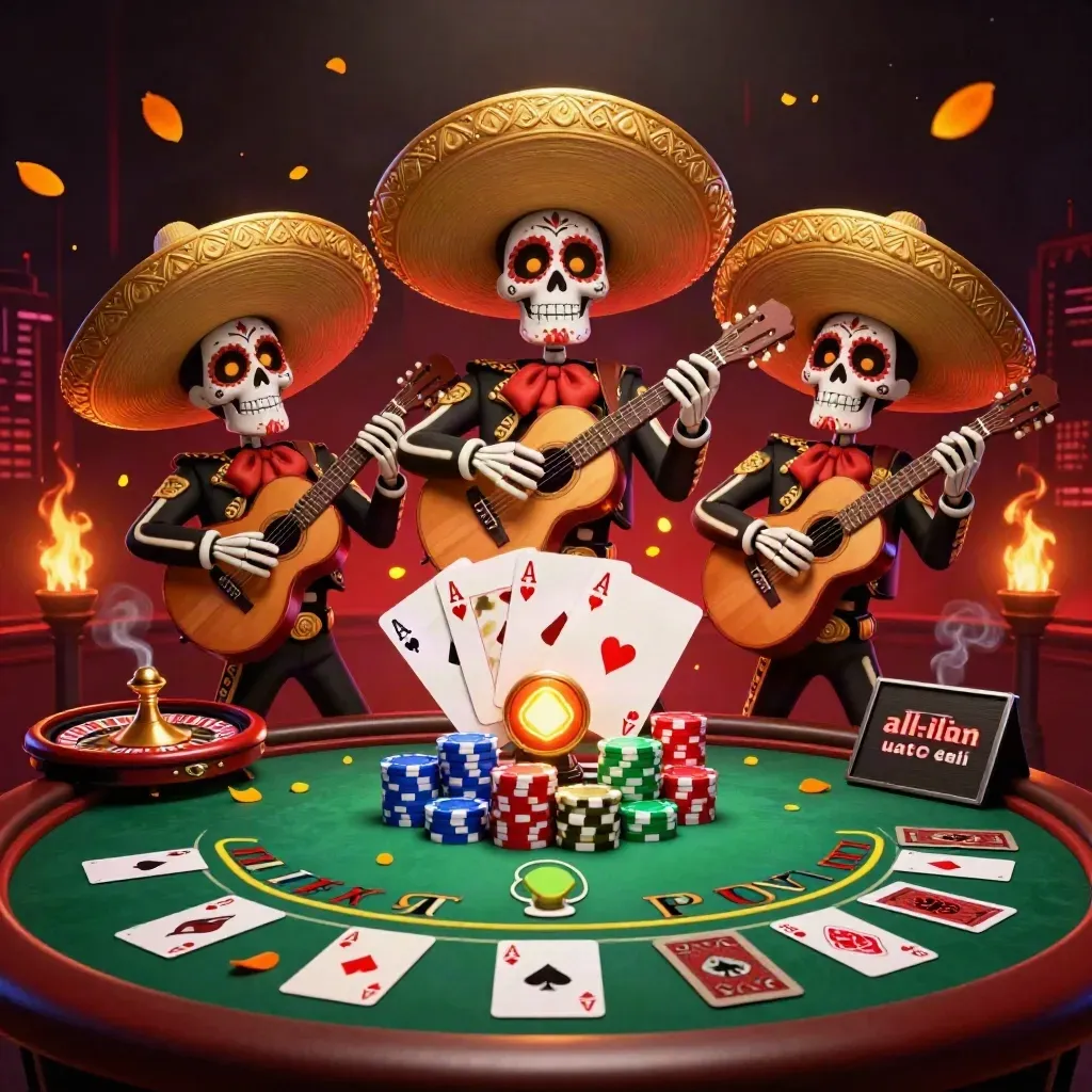 Day-of-the-Dead mariachi skeleton trio amid casino cards, chips, and neon smoke