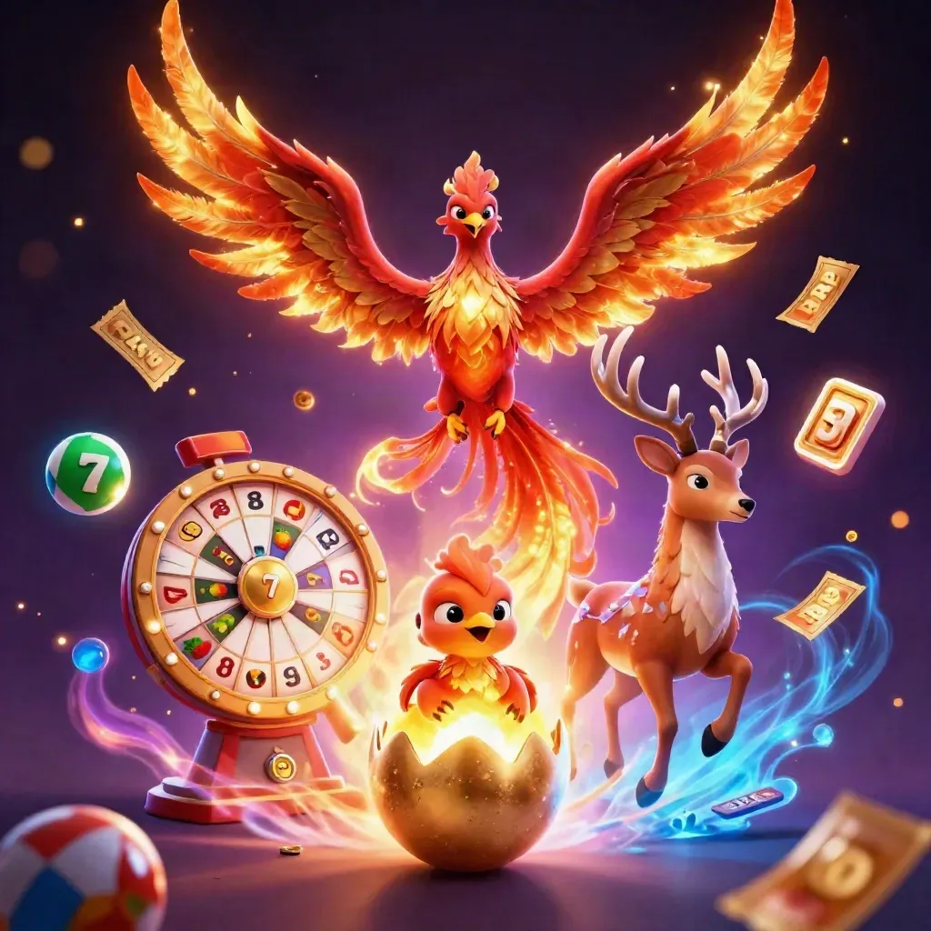 Phoenix, baby phoenix, and crystalline stag burst amid casino treasures on a cosmic dark backdrop