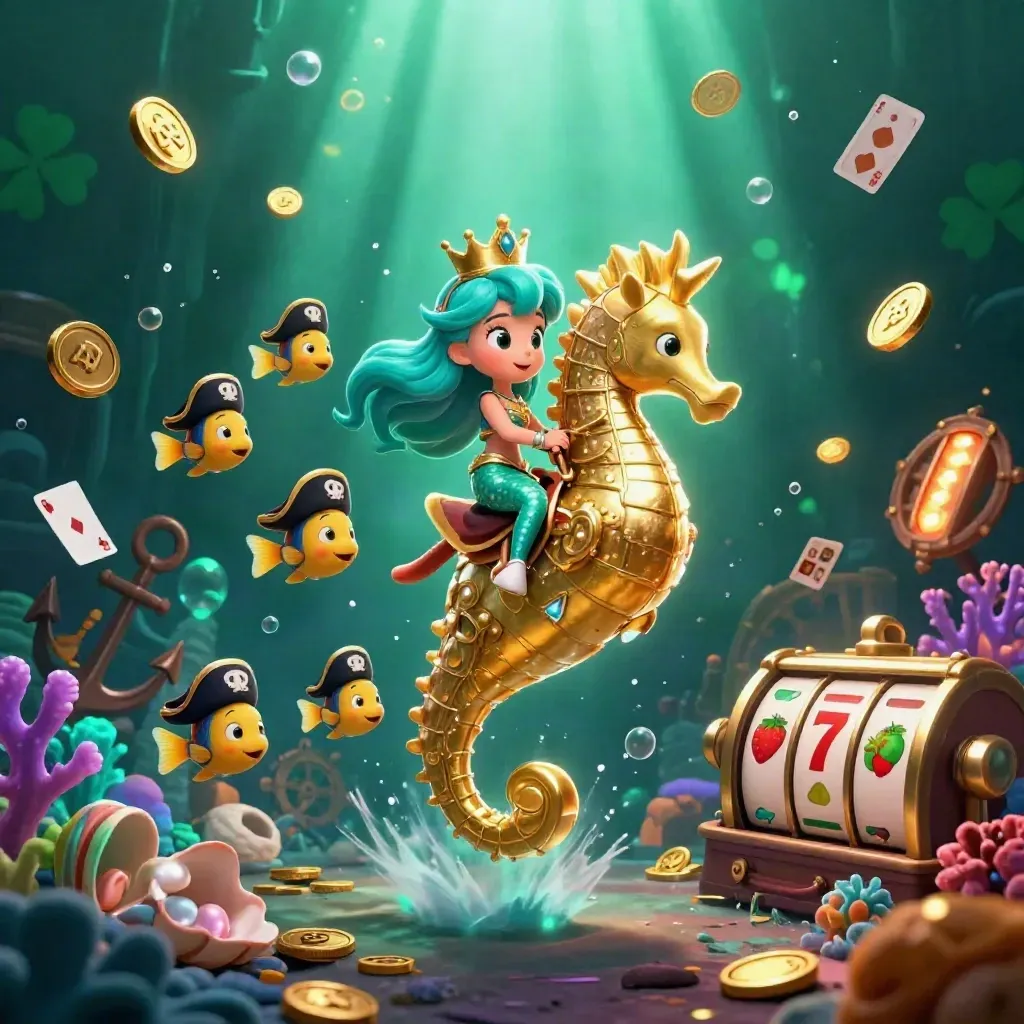 Mermaid princess on armored seahorse in a glowing treasure cove with pirate fish and bursting gems.