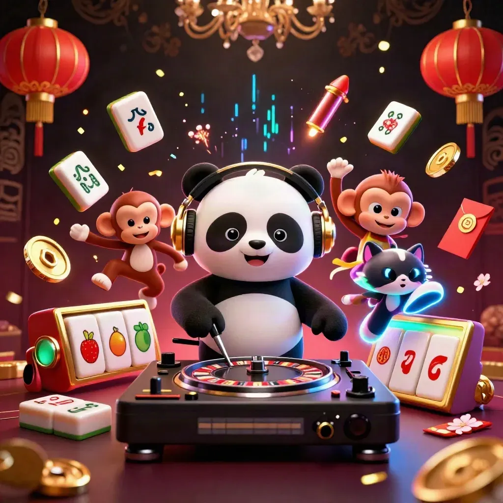 DJ panda, dancing monkey, and rave kitten amid casino fireworks and glowing tiles