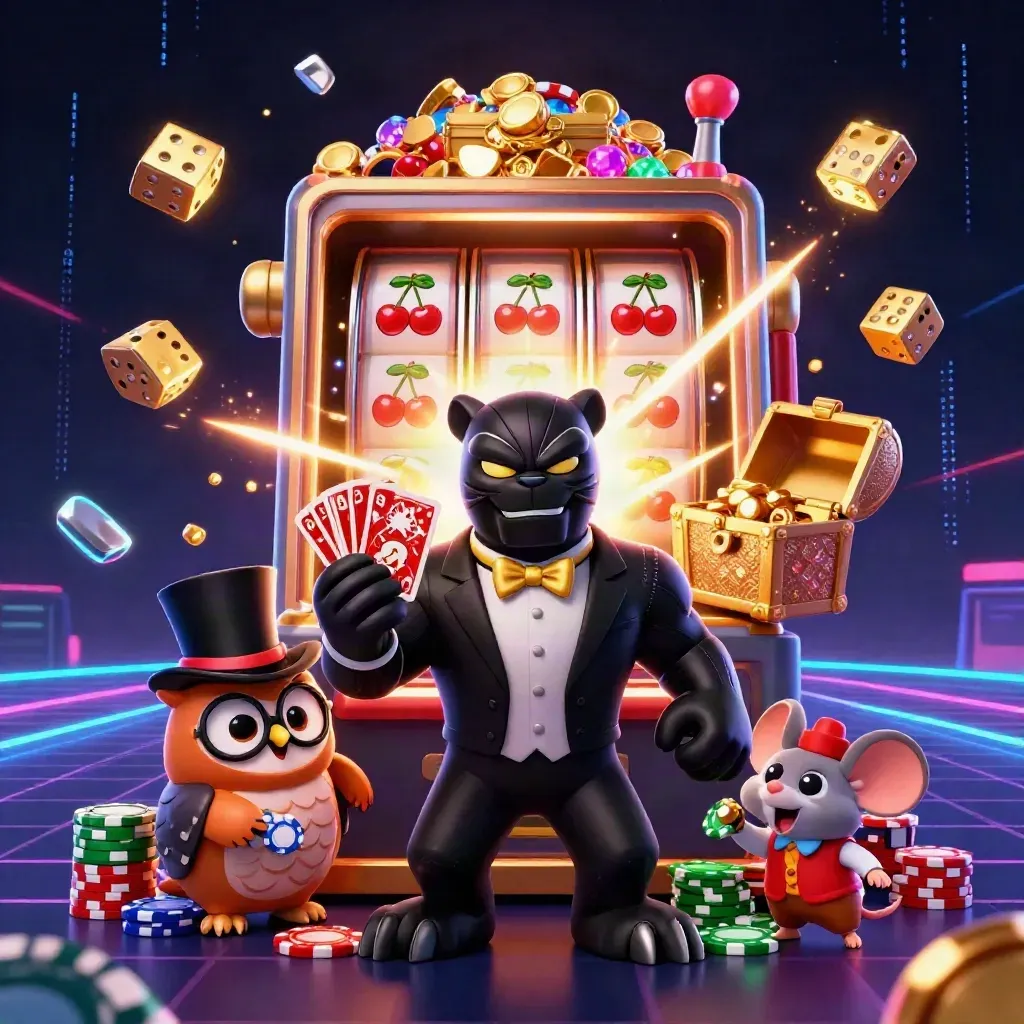Panther, owl, and mouse amid a bursting slot machine, gold, dice, and neon casino energy