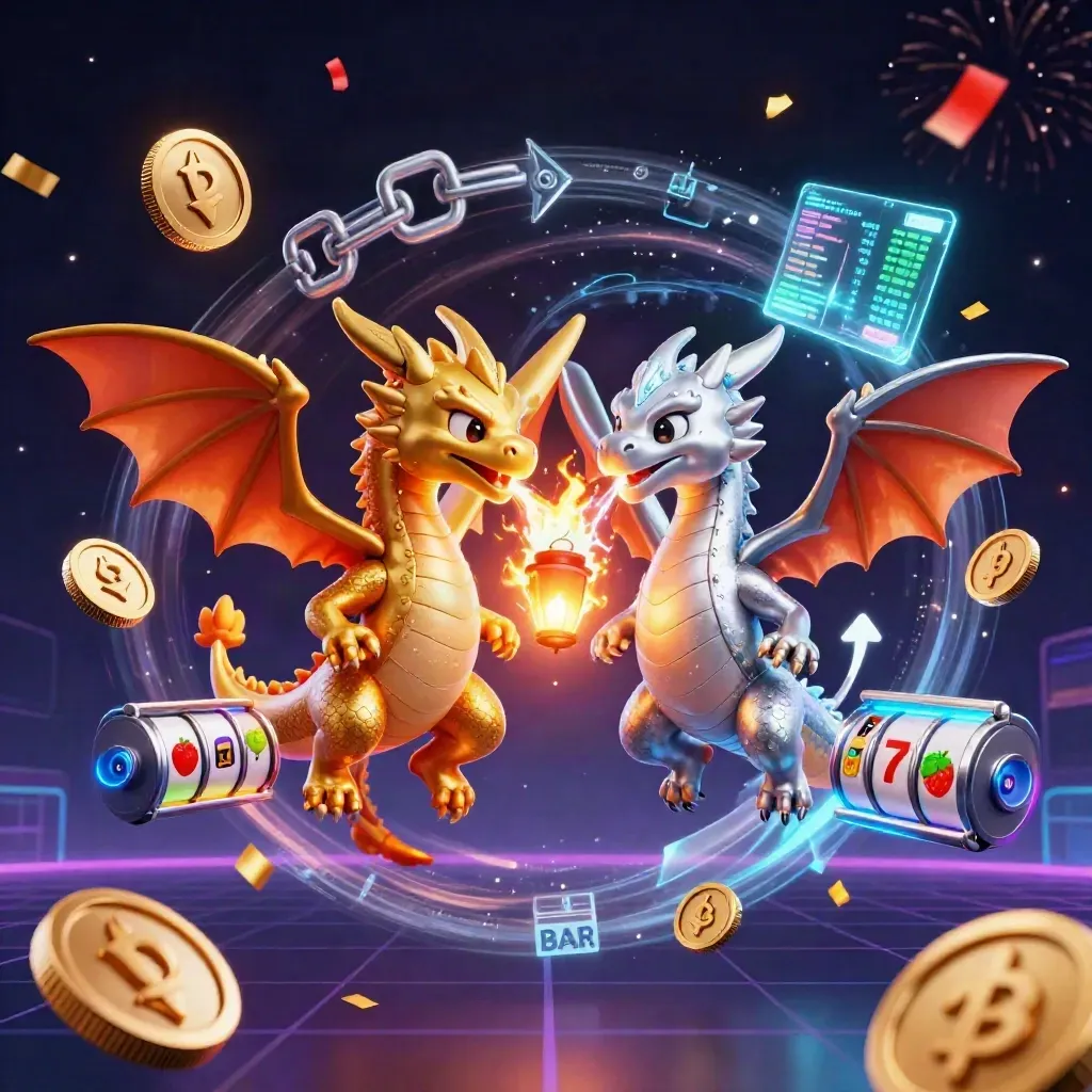 Gold and silver dragons swirl in a neon casino burst with coins, reels, sparks, and a tiny lantern spirit.