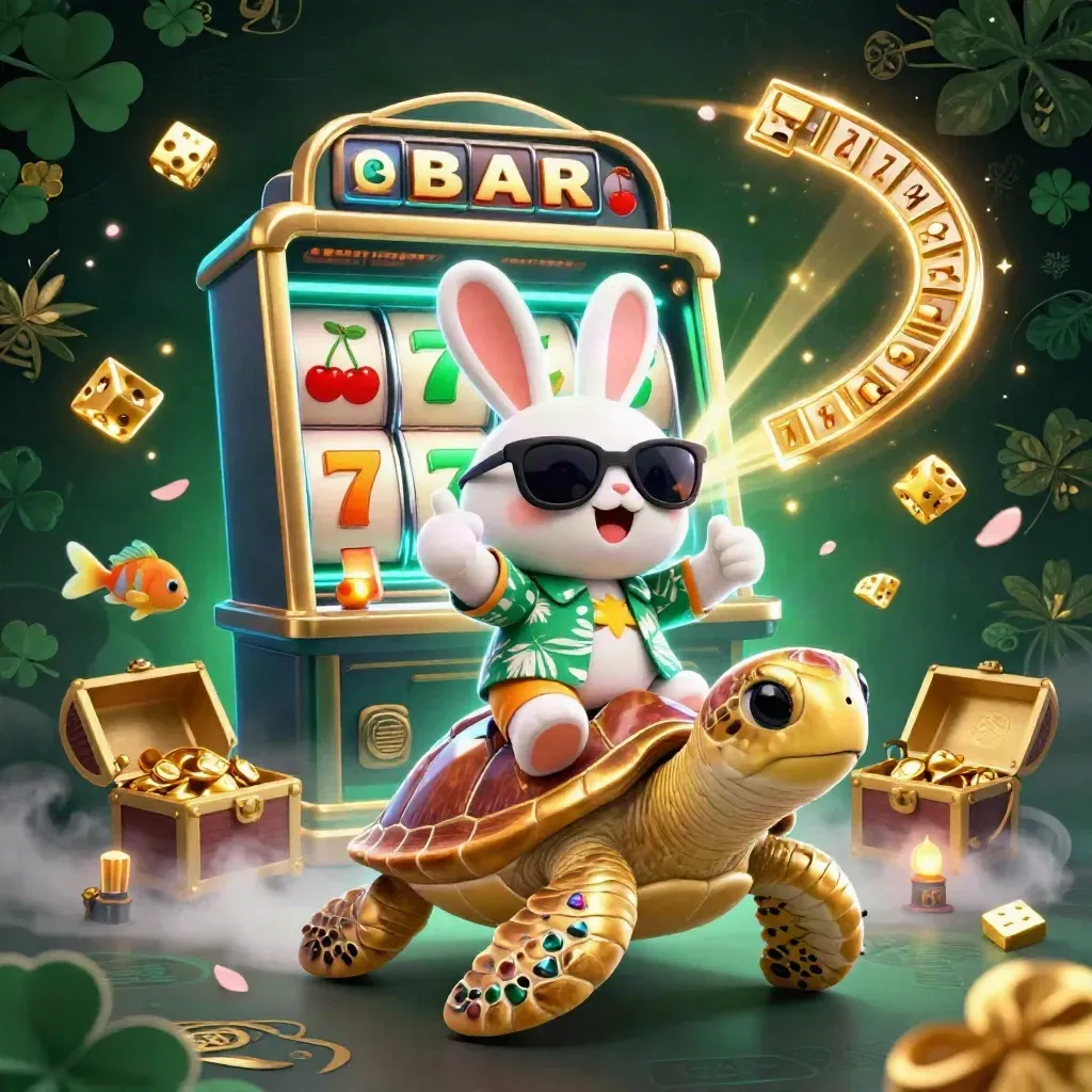 Cartoon rabbit on a golden turtle amid slot bursts, gold, and neon casino magic.
