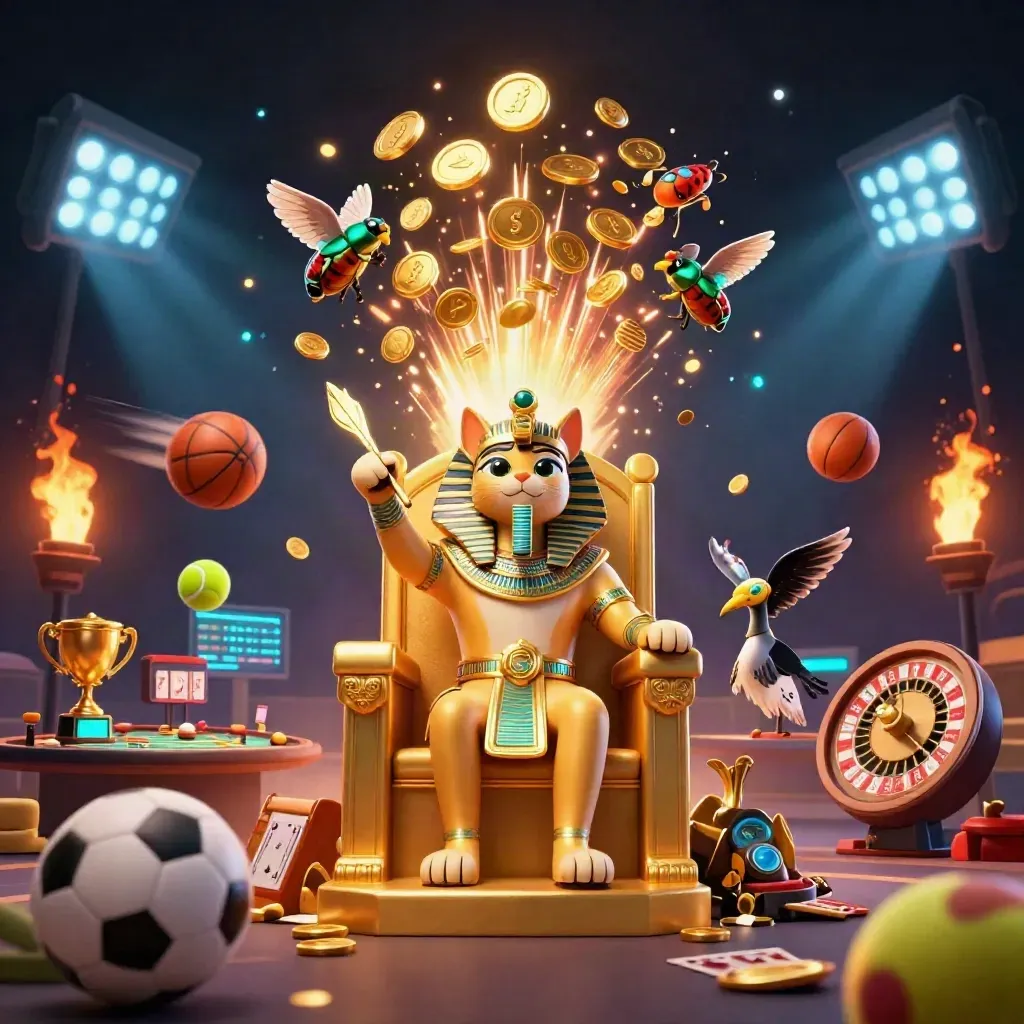 Pharaoh cat throne scene exploding with coins, sports balls, scarabs, and casino lights