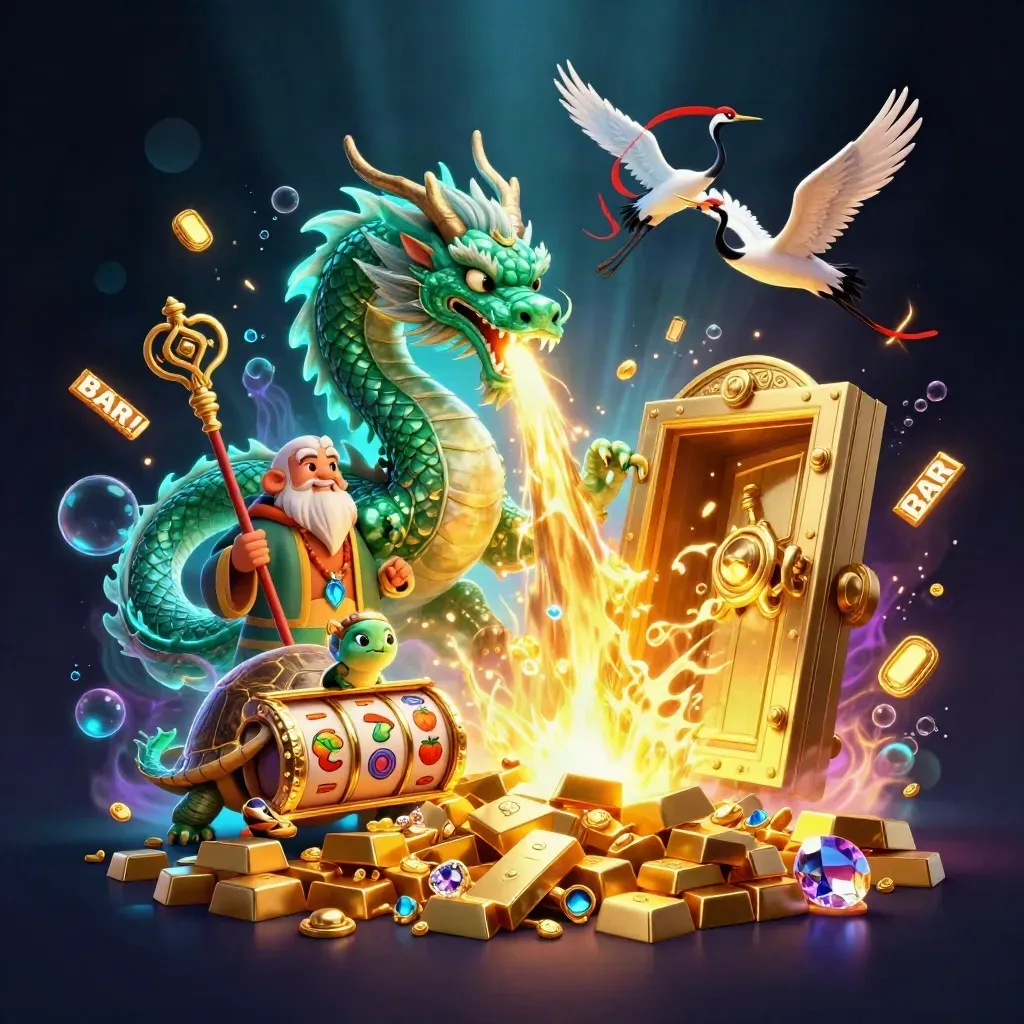 Emerald dragon, turtle sage, and cranes amid gold vault, reels, gems, and glowing casino magic.