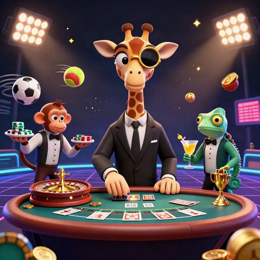 Giraffe, monkey, and chameleon at a neon casino table with coins, sports balls, and gold light.