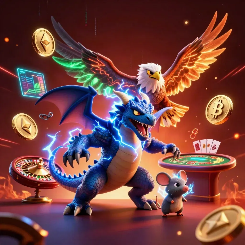 Thunder dragon, wind hawk and static mouse amid casino coins and roulette glow