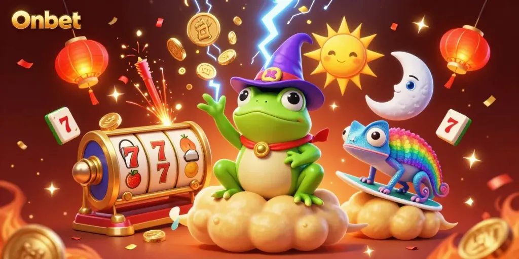 Experience thrilling wins at Onbet with a magical scene of a frog wizard creating a storm of golden coins.