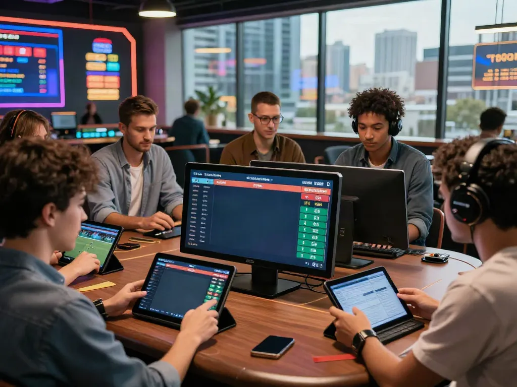 Engaged players analyzing betting odds at xx88's modern online gambling hub.
