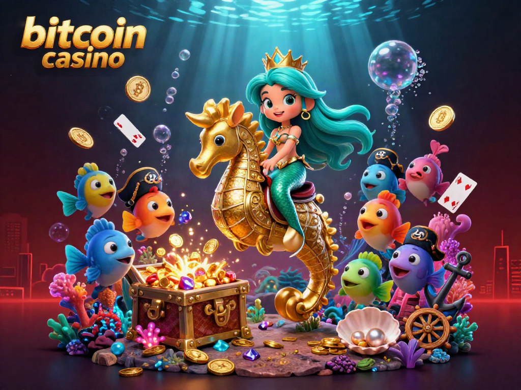 Experience the excitement of a bitcoin casino with vibrant underwater treasures and colorful characters.