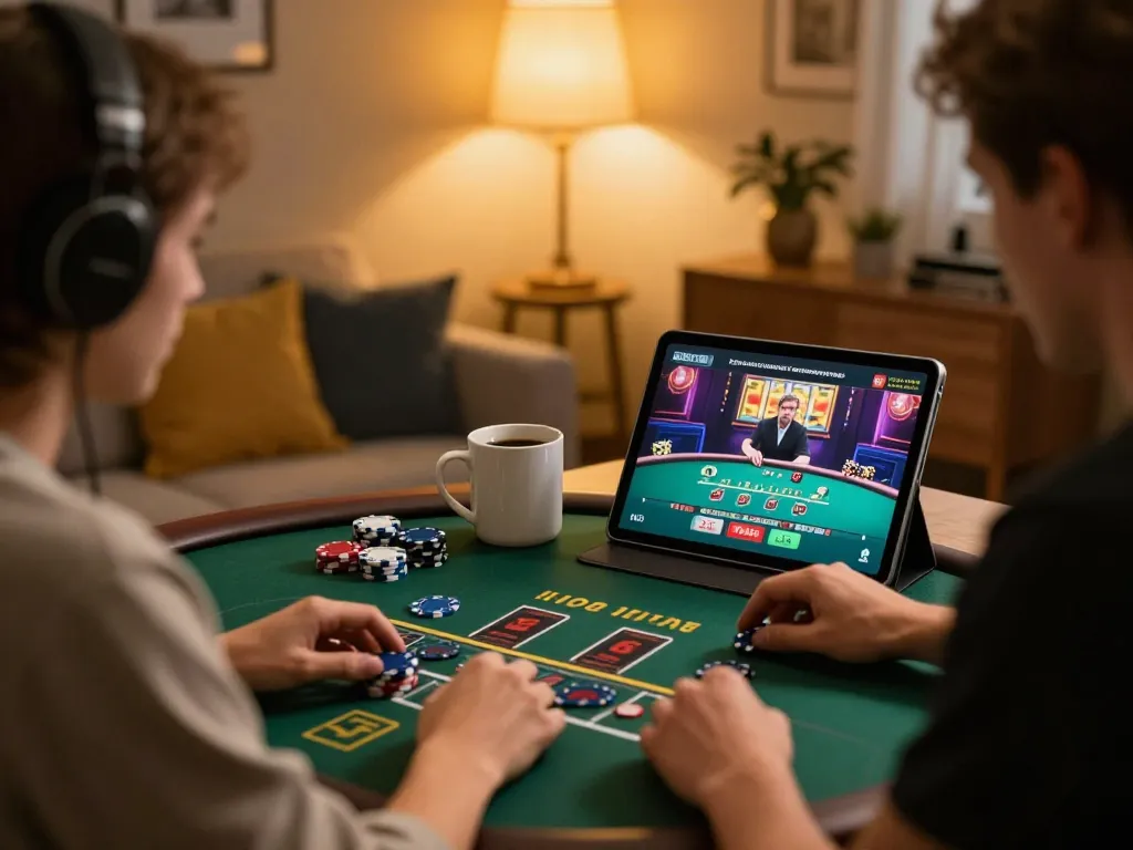 Pemain Dewi999 menikmati permainan blackjack dealer langsung di rumah, fokus pada strategi dan permainan.