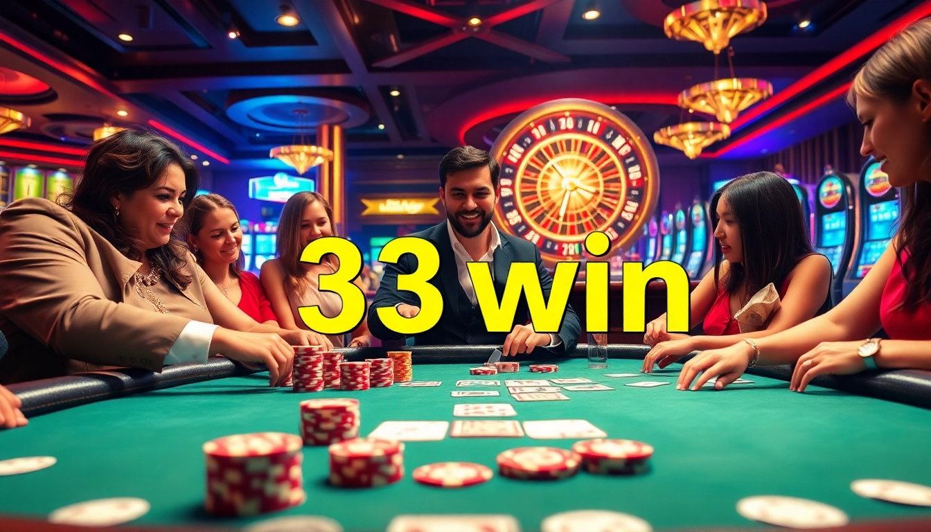Players enjoying high-stakes poker at 33win, surrounded by vibrant casino lights and excitement.