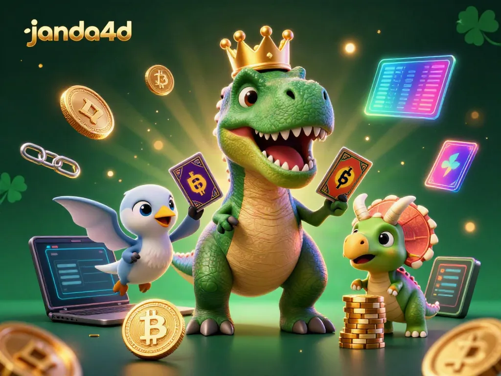 Mainkan slot di janda4d dengan T-Rex ramah dan triceratops menyusun chip emas.