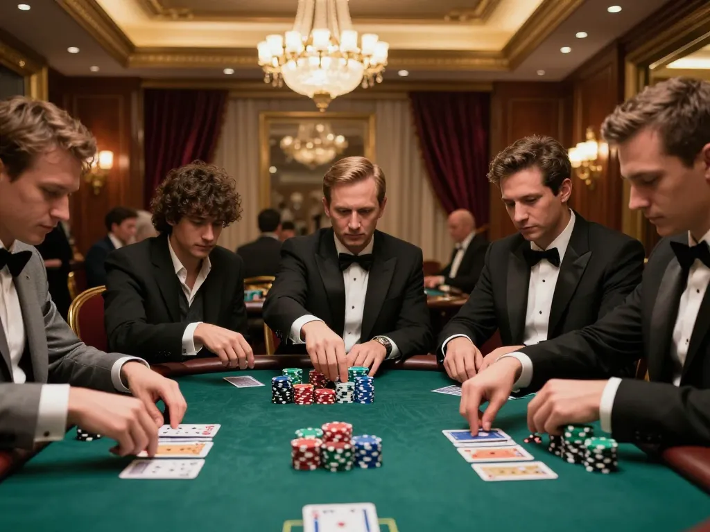HM88 poker players intensely strategizing during a high-stakes game in a luxury casino