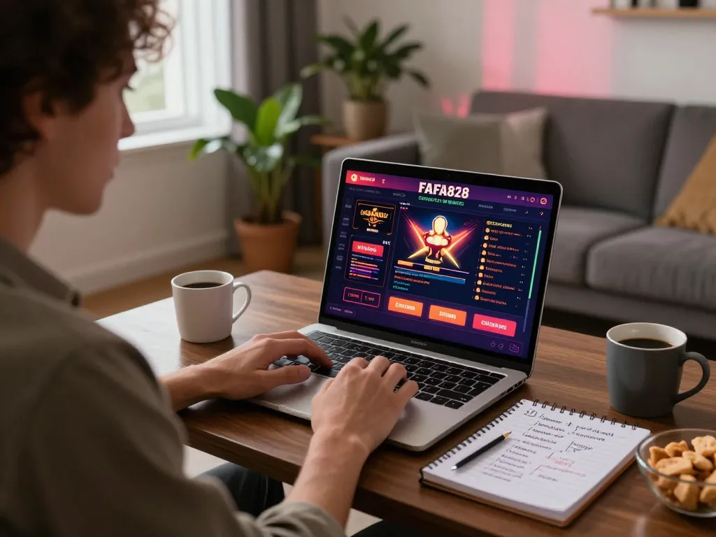 Player strategizing their next move on FAFA828's user-friendly gaming platform from a cozy home setting.