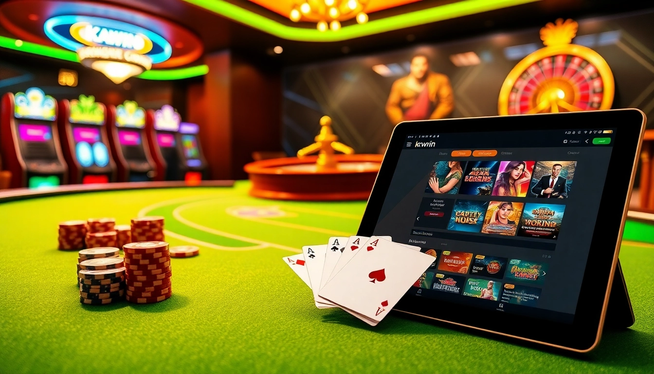 Experience thrilling gaming at kkwin.com with vibrant casino tables, poker chips, and stylish slot machines.