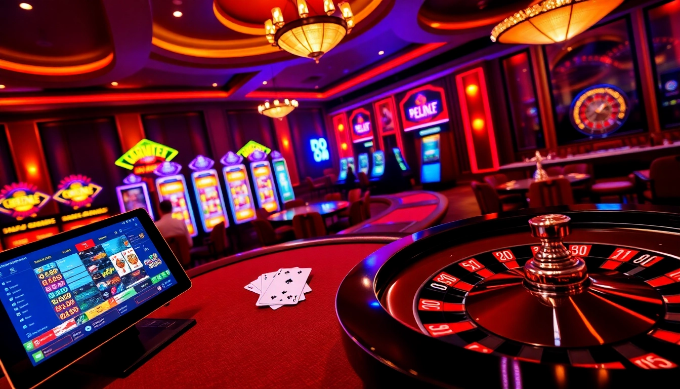 A vibrant casino scene at https://nk88vip.it.com/, showcasing poker action, glowing slot machines, and an elegant roulette wheel.