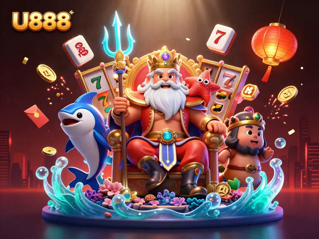 U888 captures excitement with slot reels and a sea king in a vibrant casino atmosphere.